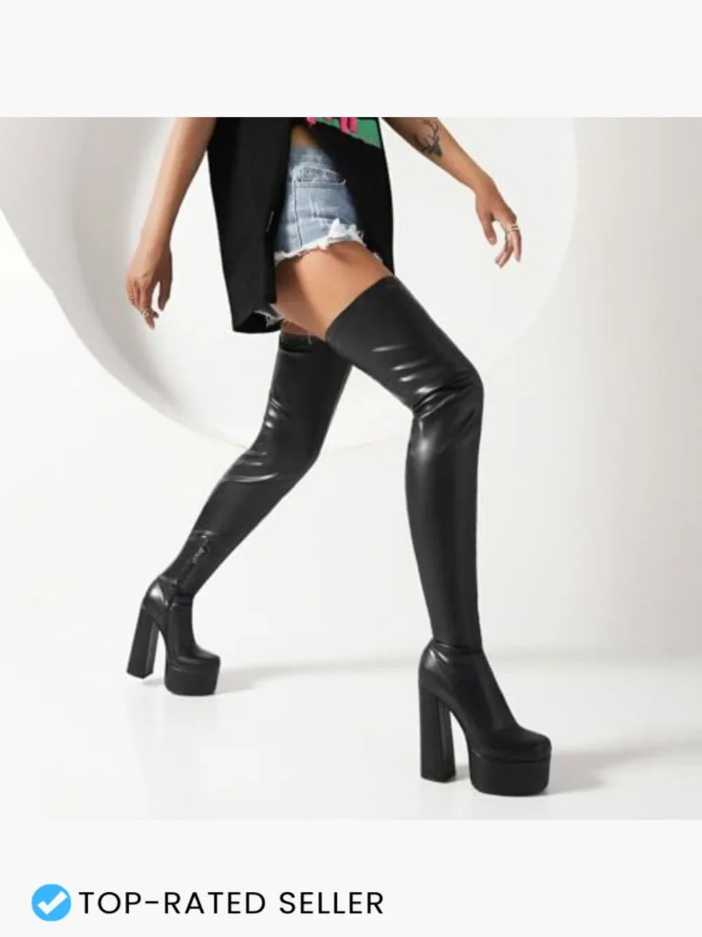 Thigh High Over-the-Knee Boots Faux Leather Stretch Block Heel Y2K Fashion
